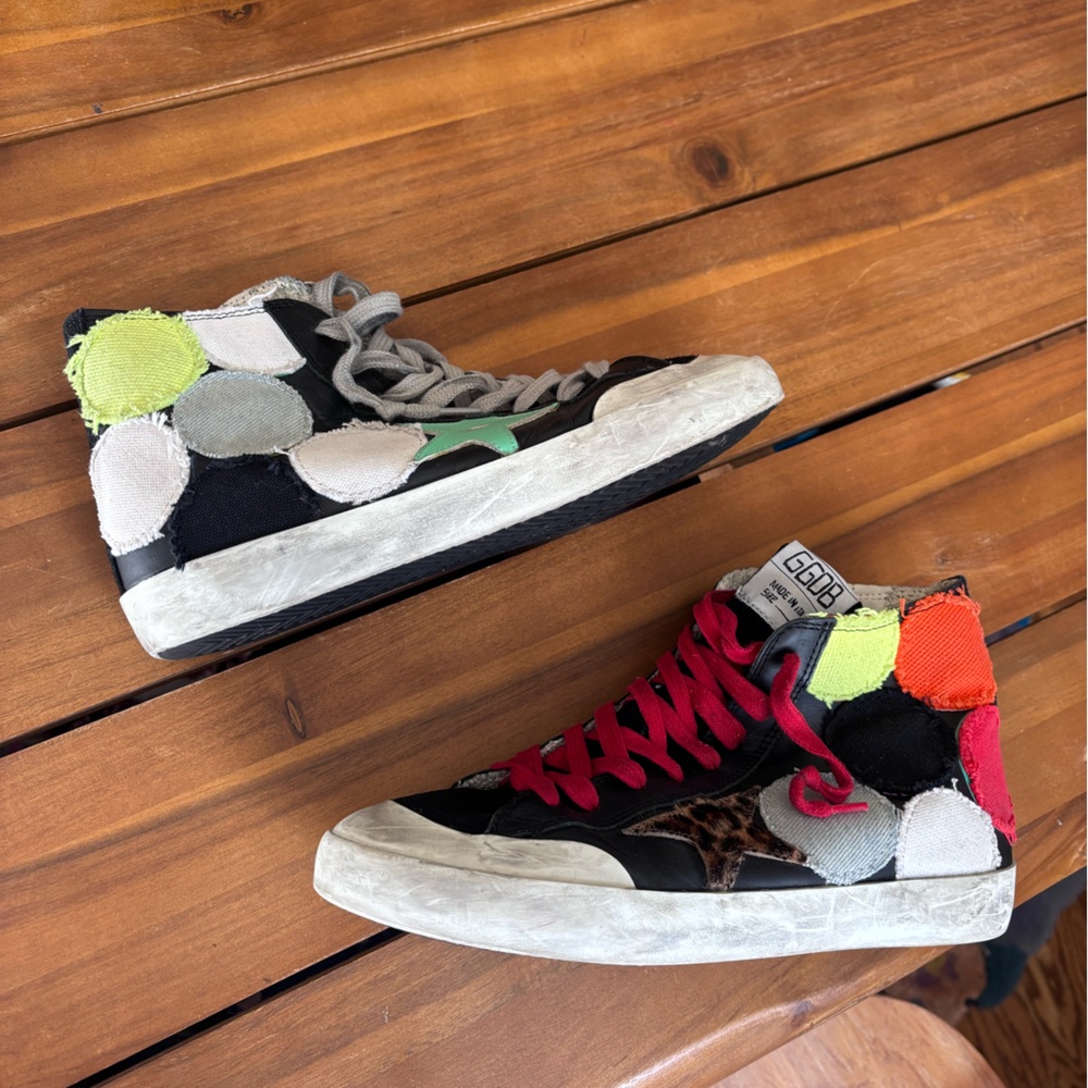 Golden Goose Size EU 38 Colorful High-Top Sneakers with Patchwork Design
